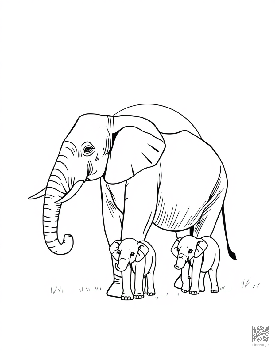 Elephant family walking at sunset coloring page Minimal style free printable
