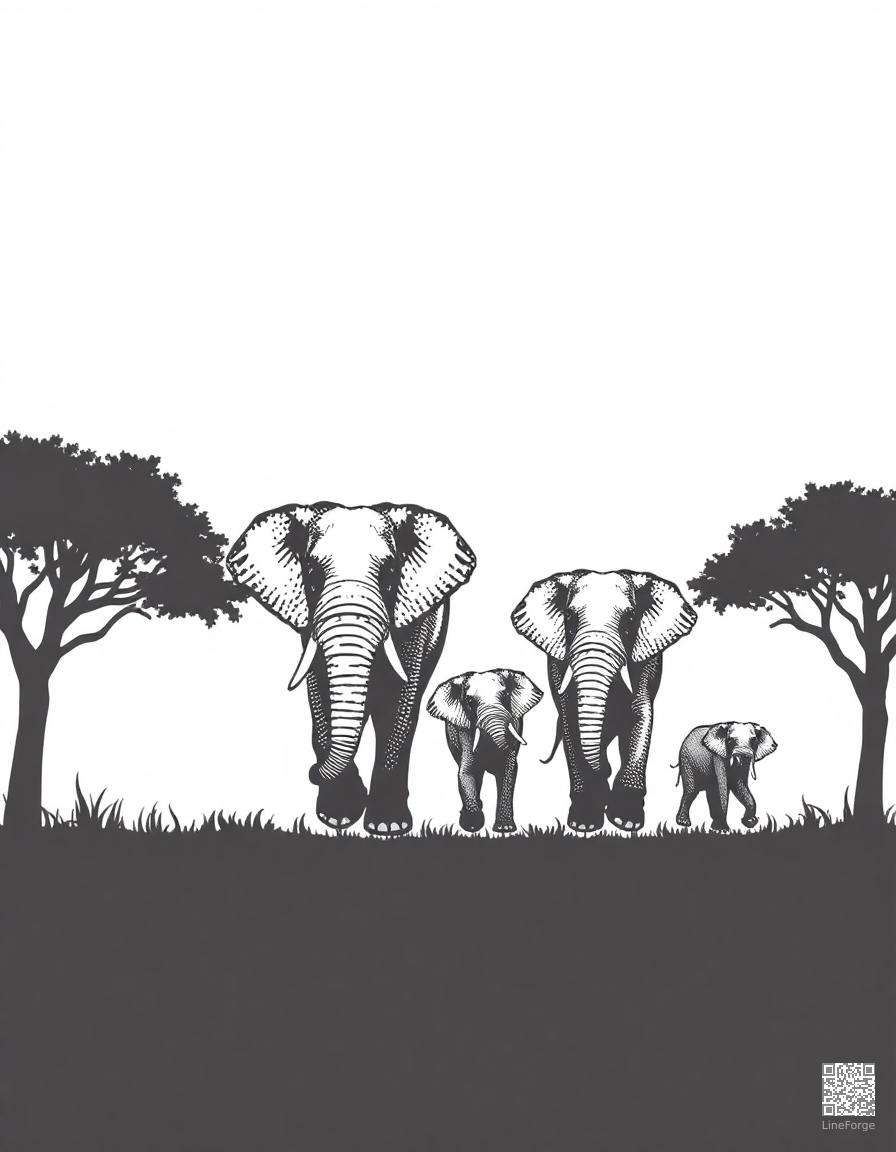 Elephant family walking at sunset coloring page Stipple style free printable