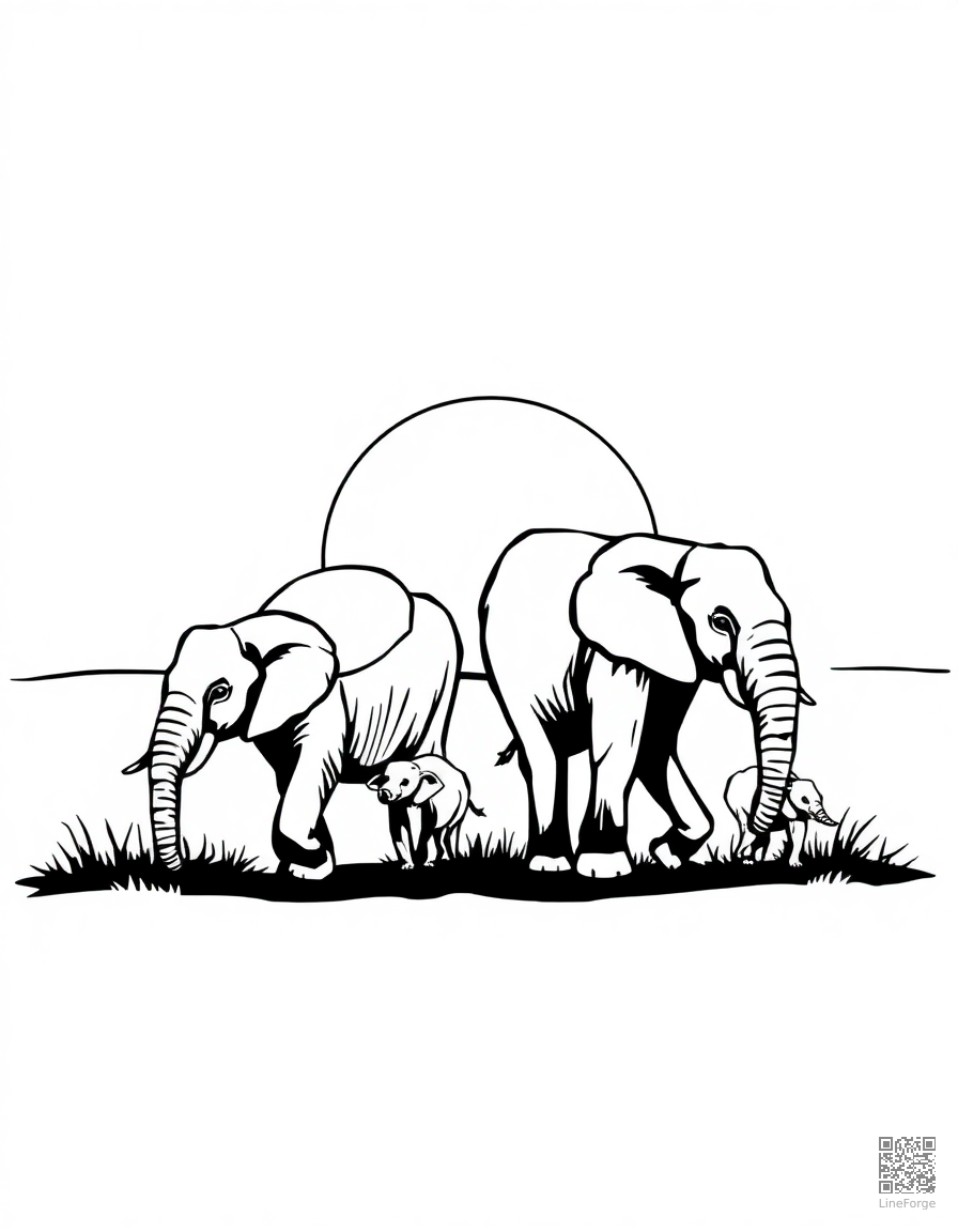 Elephant family walking at sunset coloring page Woodcut style free printable