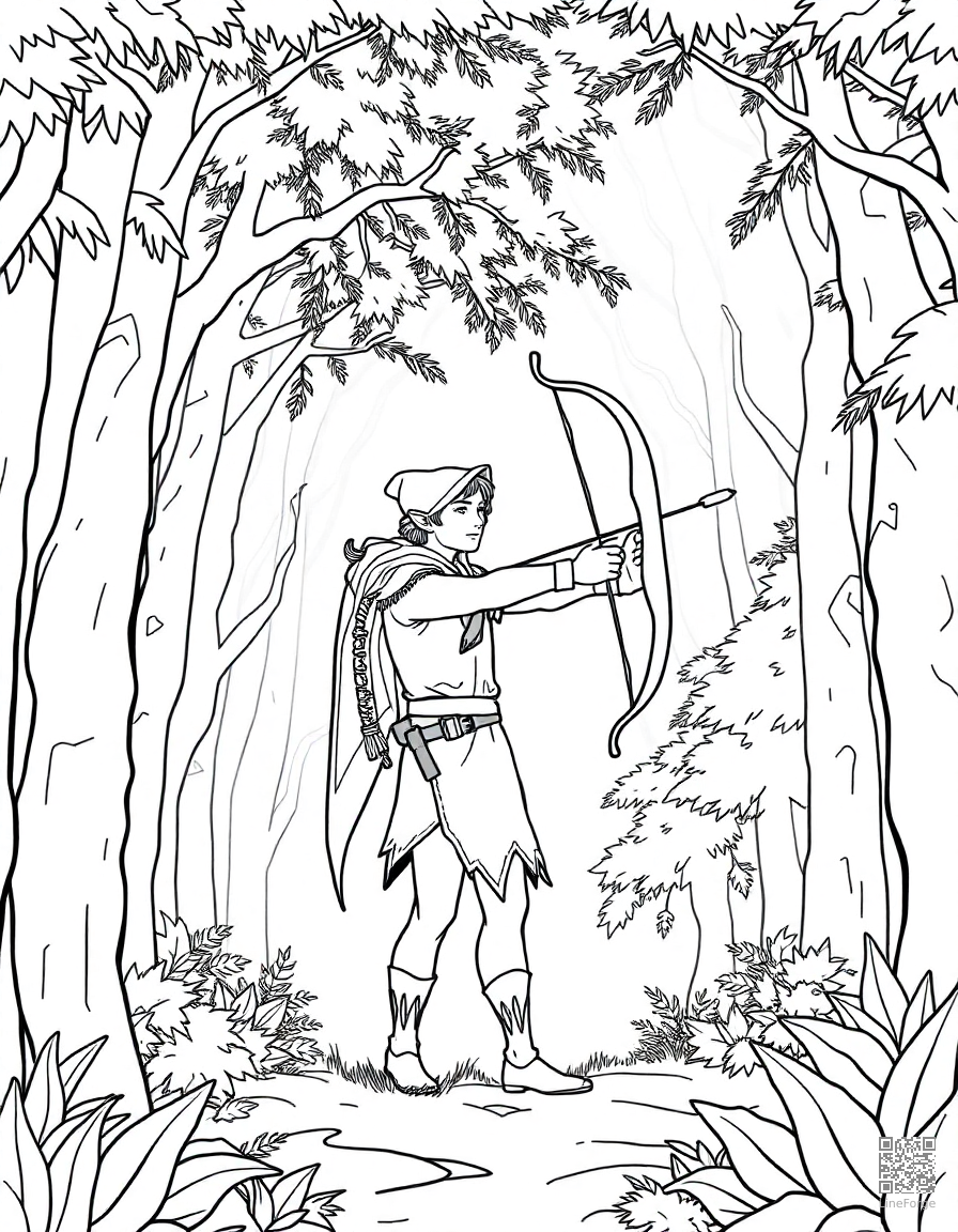 elf archer standing in a forest canopy coloring page Contour style - free printable
