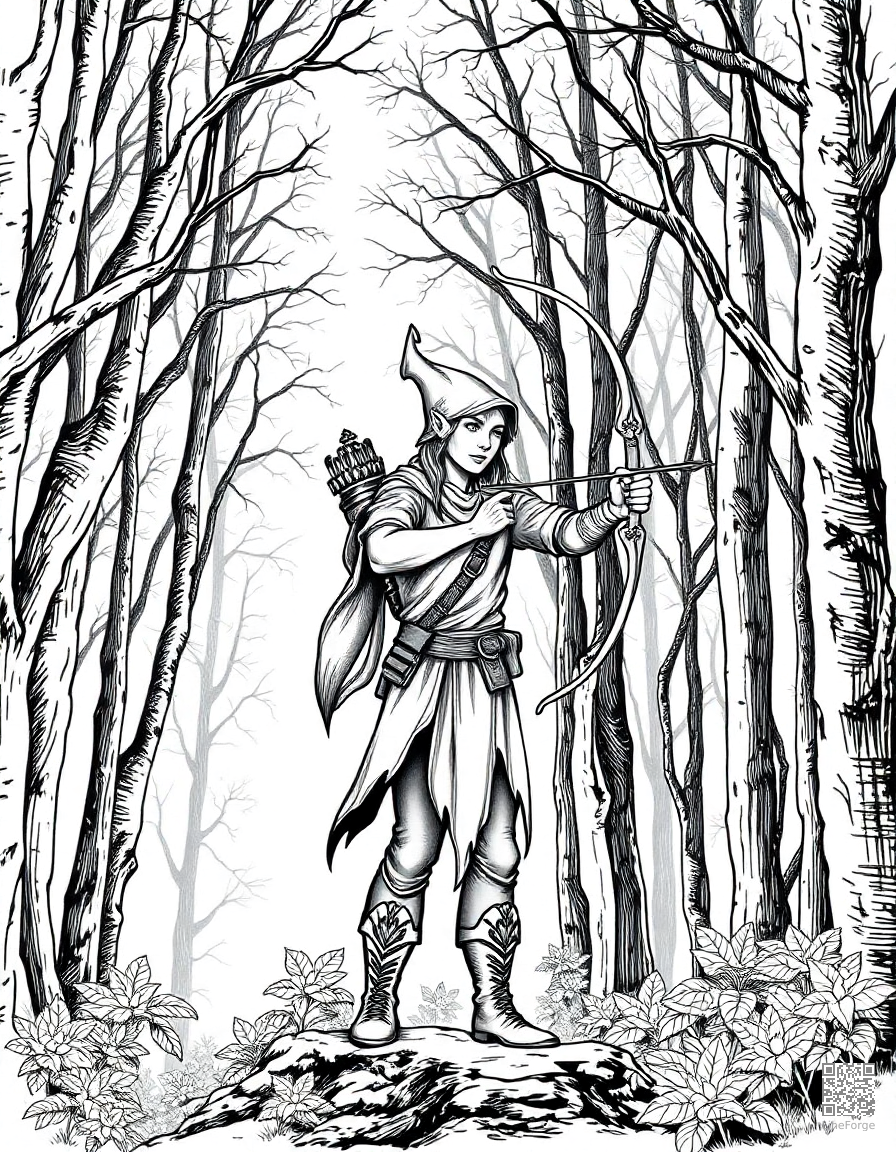 elf archer standing in a forest canopy coloring page Crosshatch style - free printable