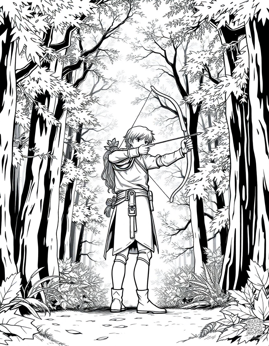 elf archer standing in a forest canopy coloring page Manga style - free printable