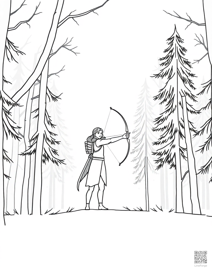 elf archer standing in a forest canopy coloring page Minimal style - free printable