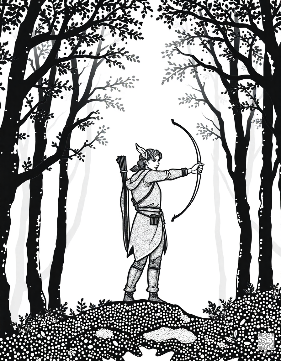 elf archer standing in a forest canopy coloring page Stipple style - free printable
