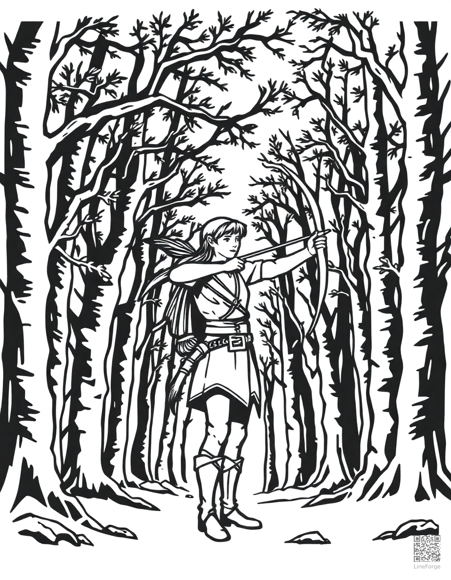 elf archer standing in a forest canopy coloring page Woodcut style - free printable