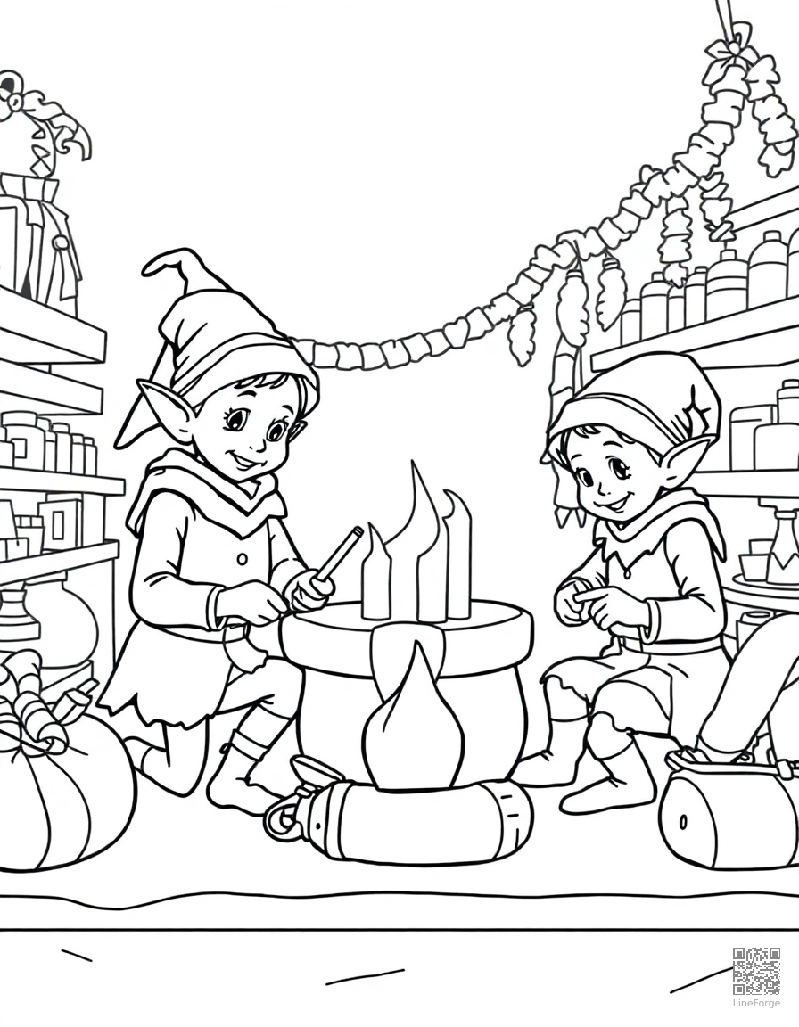 elves working in santas workshop coloring page Contour style - free printable