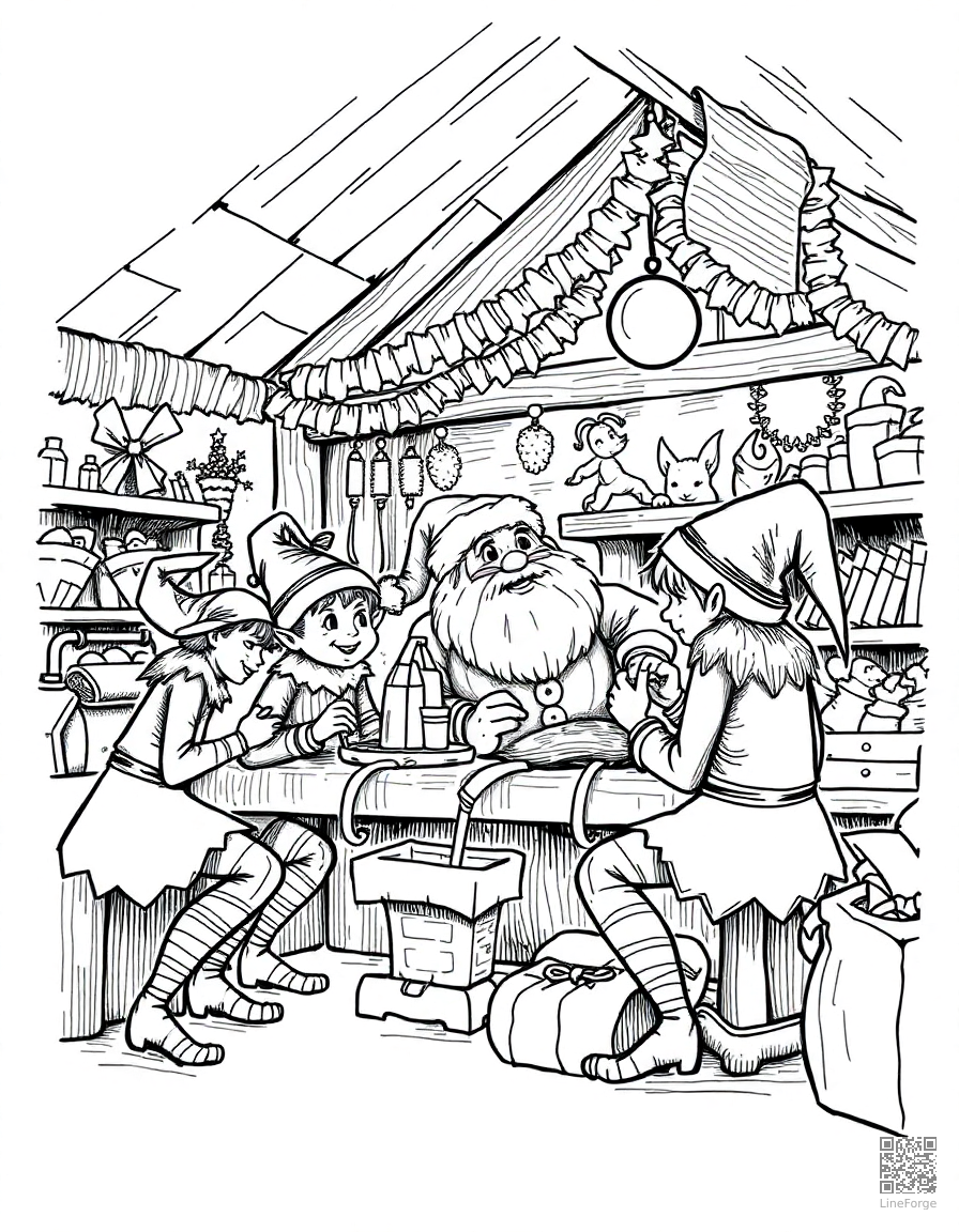 elves working in santas workshop coloring page Crosshatch style - free printable