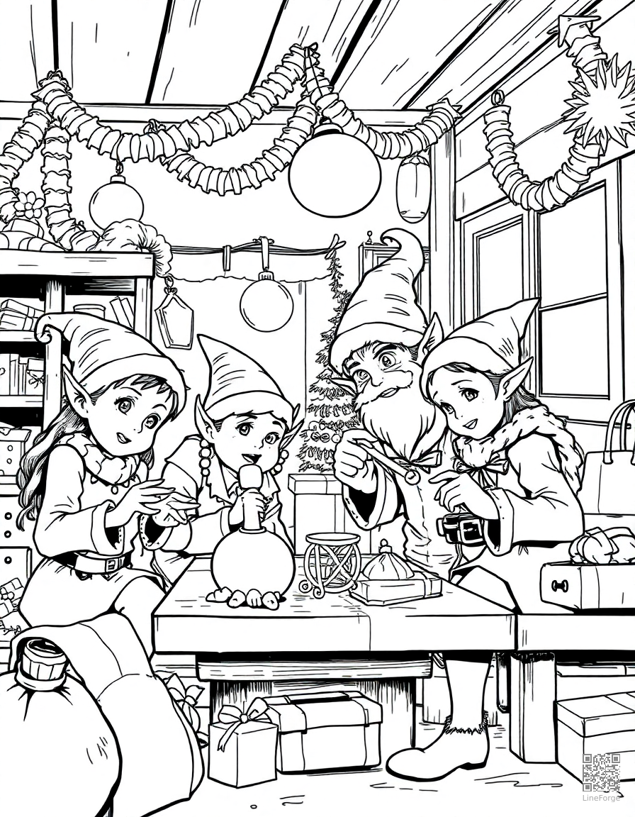 elves working in santas workshop coloring page Manga style - free printable