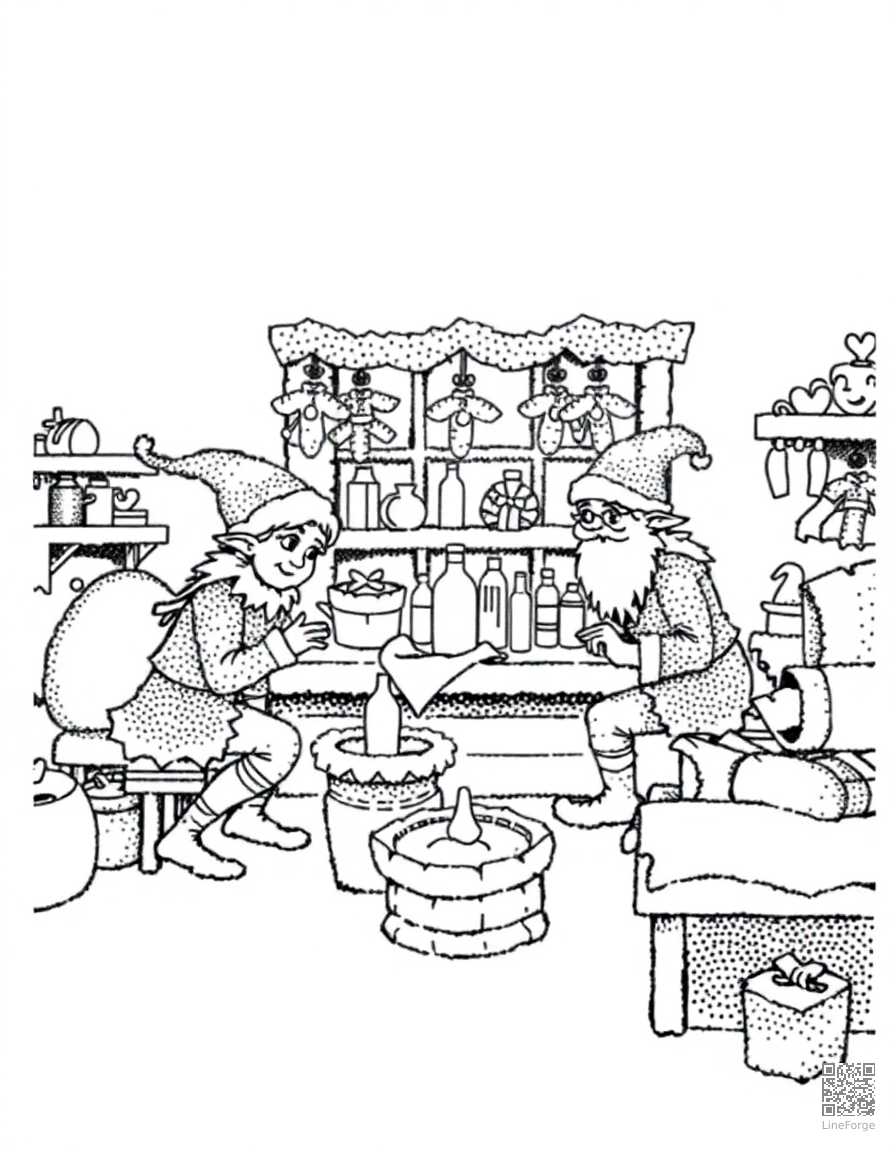 elves working in santas workshop coloring page Stipple style - free printable