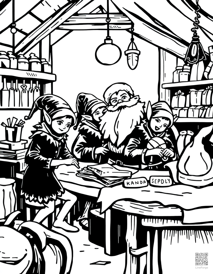 elves working in santas workshop coloring page Woodcut style - free printable