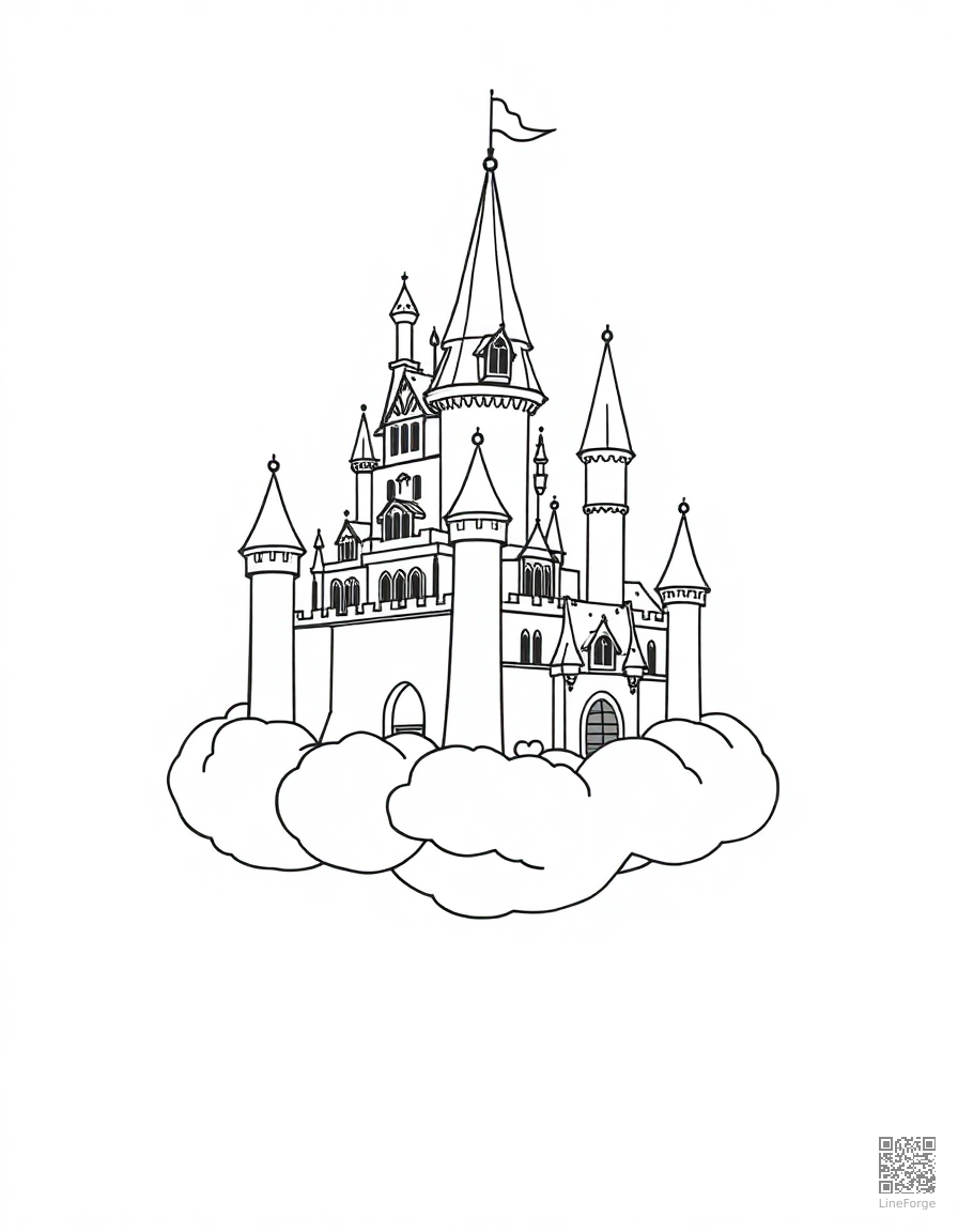 enchanted castle floating on a cloud coloring page Contour style - free printable