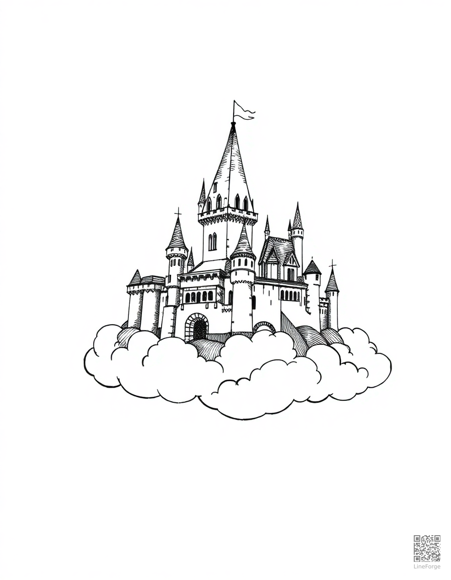 enchanted castle floating on a cloud coloring page Crosshatch style - free printable