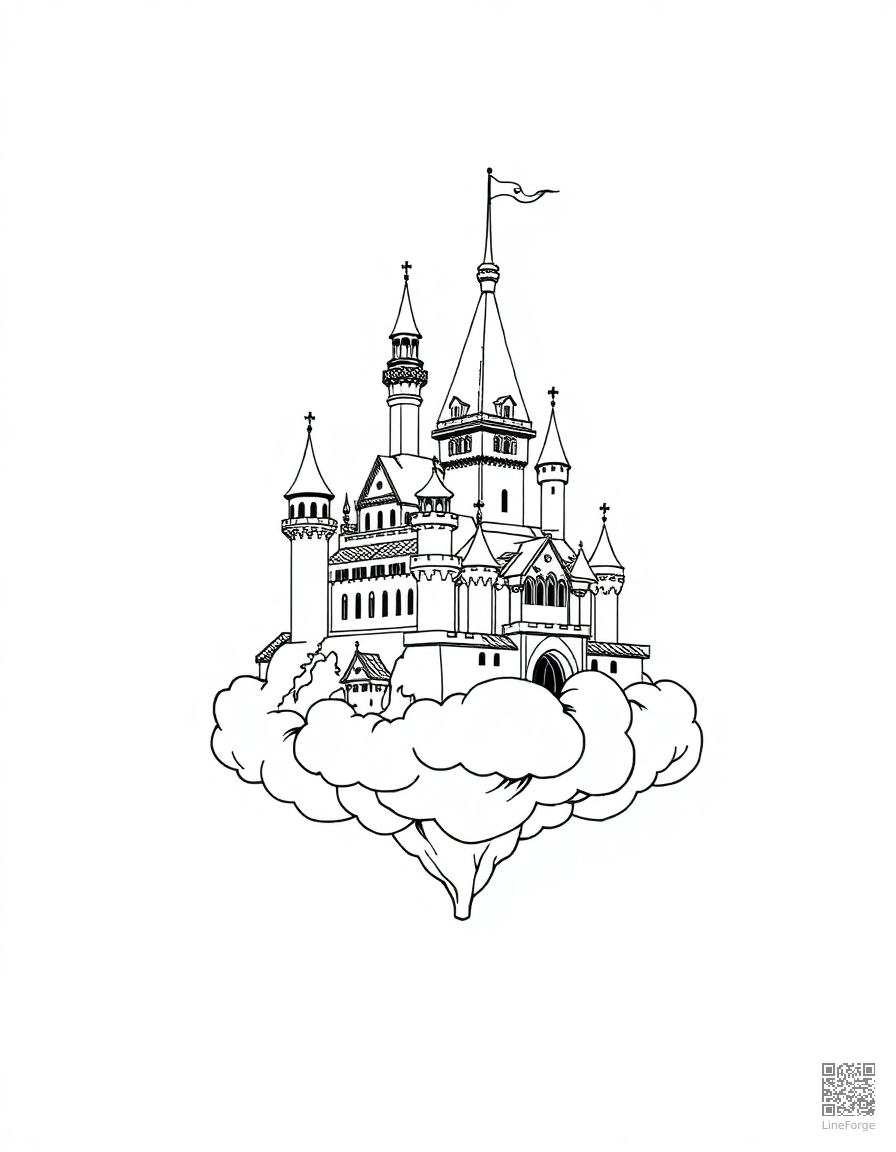 enchanted castle floating on a cloud coloring page Manga style - free printable
