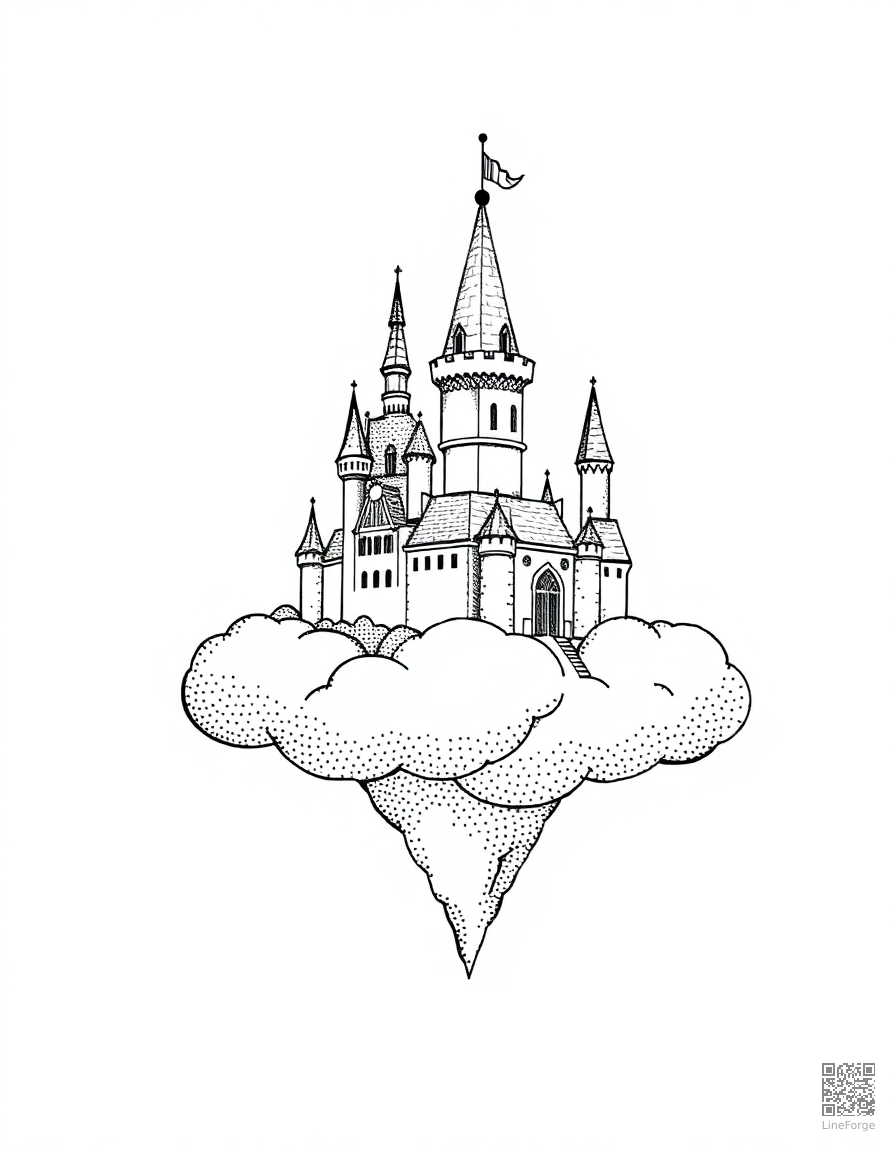 enchanted castle floating on a cloud coloring page Stipple style - free printable