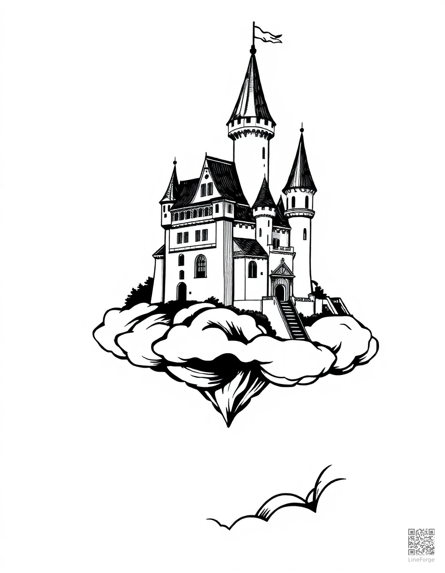 enchanted castle floating on a cloud coloring page Woodcut style - free printable