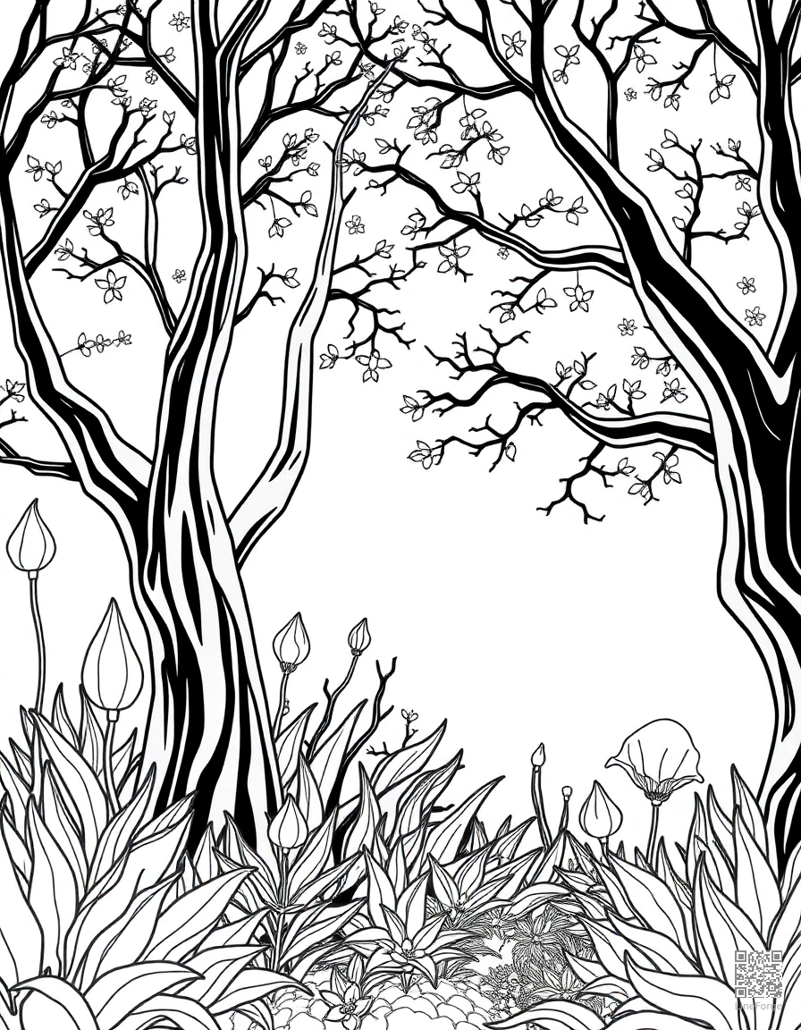 Free enchanted forest with glowing plants coloring page in contour style — printable line art