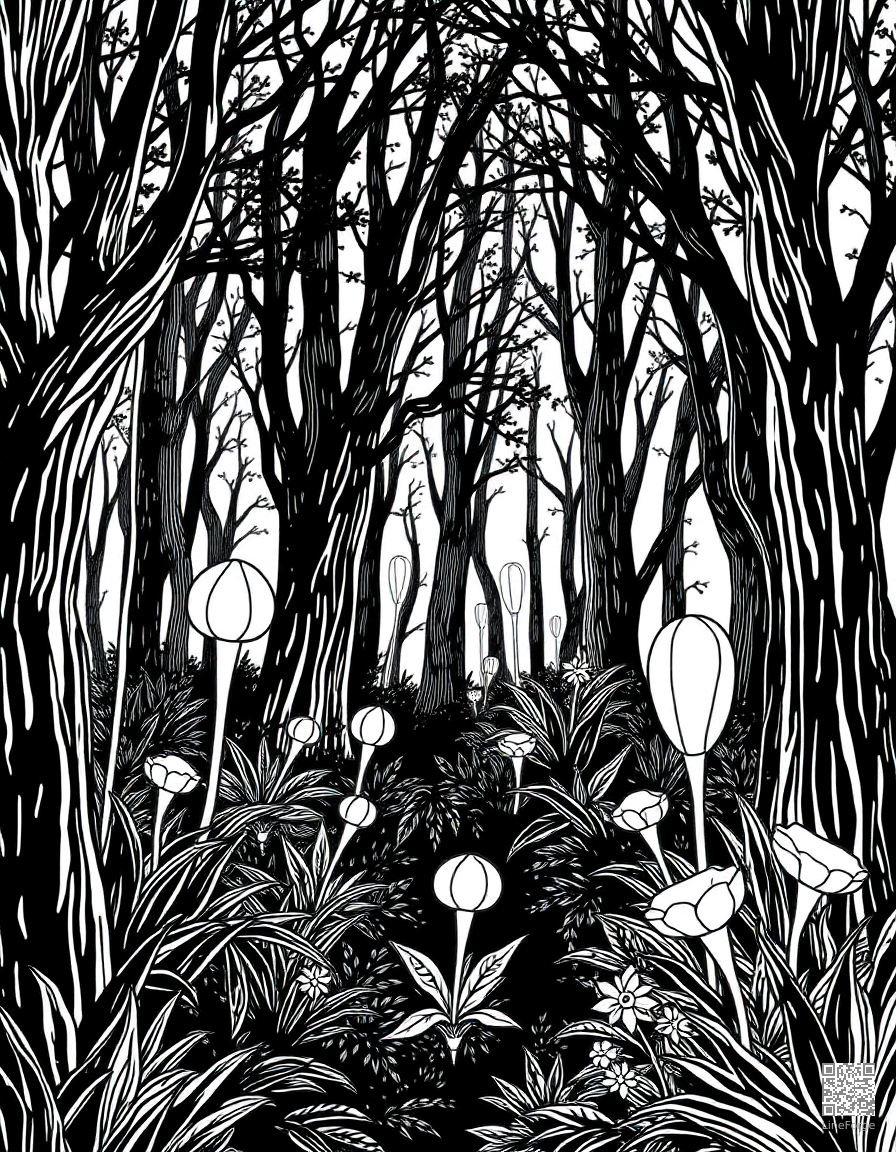 enchanted forest with glowing plants coloring page Crosshatch style - free printable