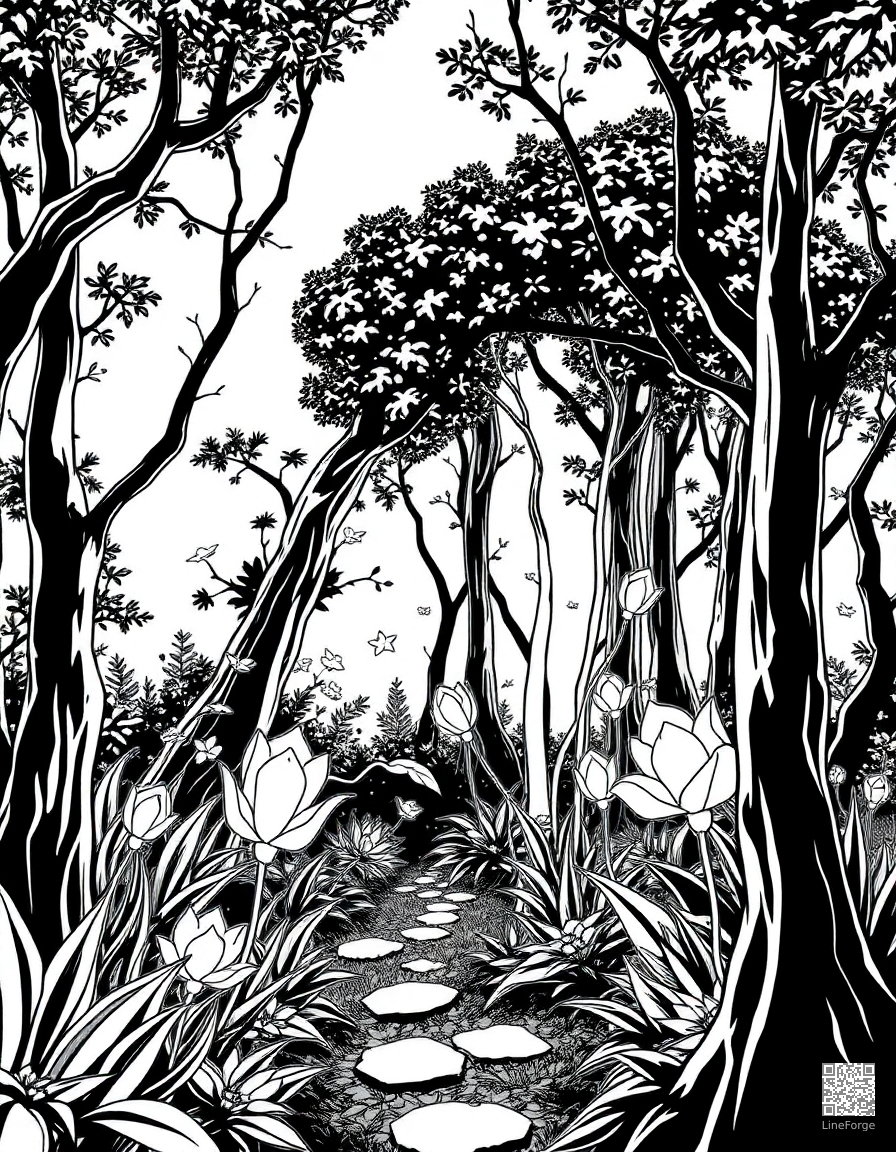 Free enchanted forest with glowing plants coloring page in manga style — printable line art