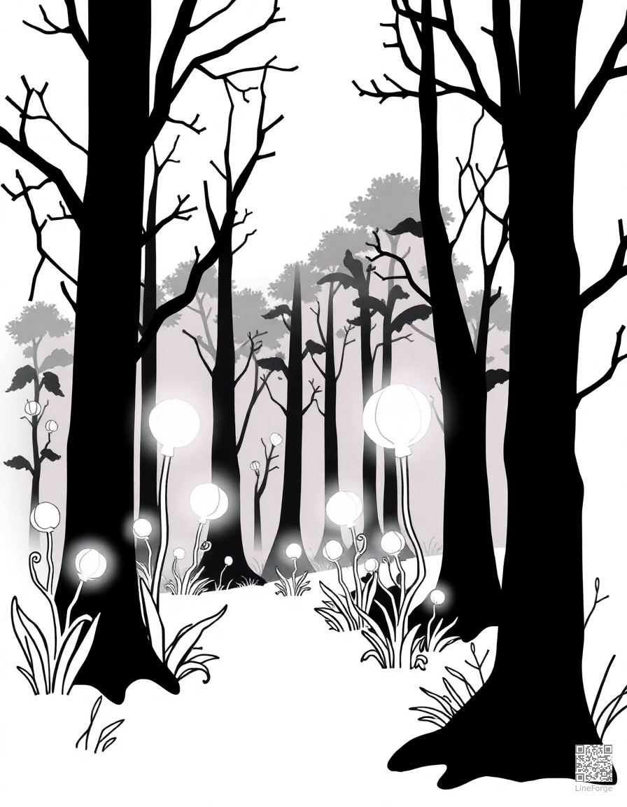 enchanted forest with glowing plants coloring page Minimal style - free printable