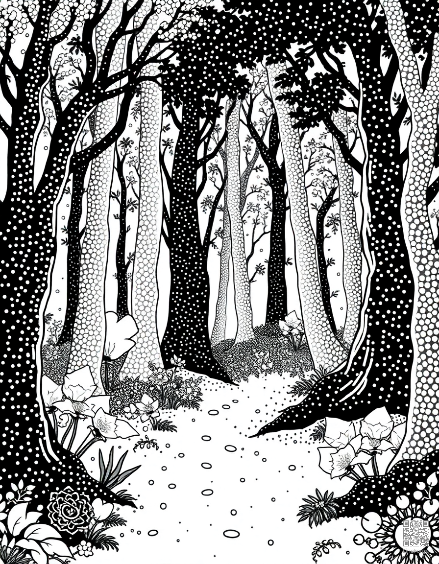 Free enchanted forest with glowing plants coloring page in stipple style — printable line art