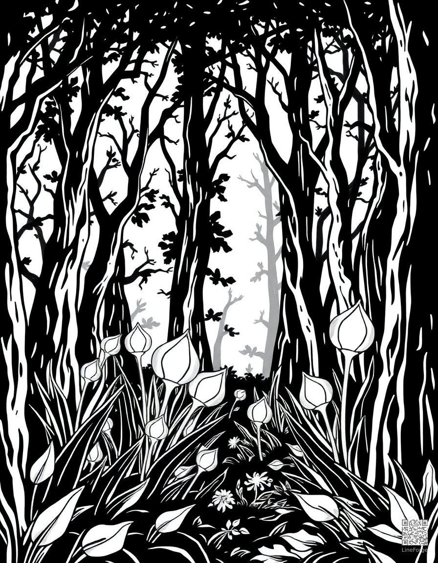 enchanted forest with glowing plants coloring page Woodcut style - free printable