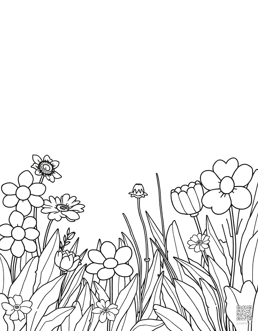 Free enchanted garden with talking flowers coloring page in contour style — printable line art