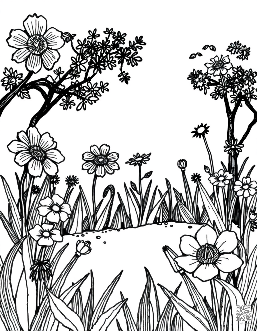 enchanted garden with talking flowers coloring page Crosshatch style - free printable