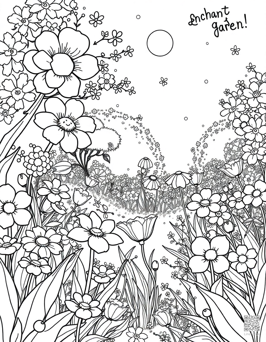 Free enchanted garden with talking flowers coloring page in manga style — printable line art