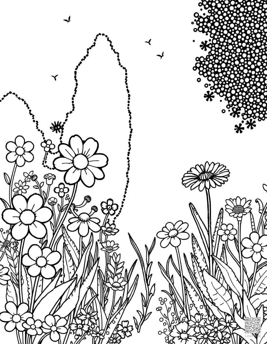 Free enchanted garden with talking flowers coloring page in stipple style — printable line art