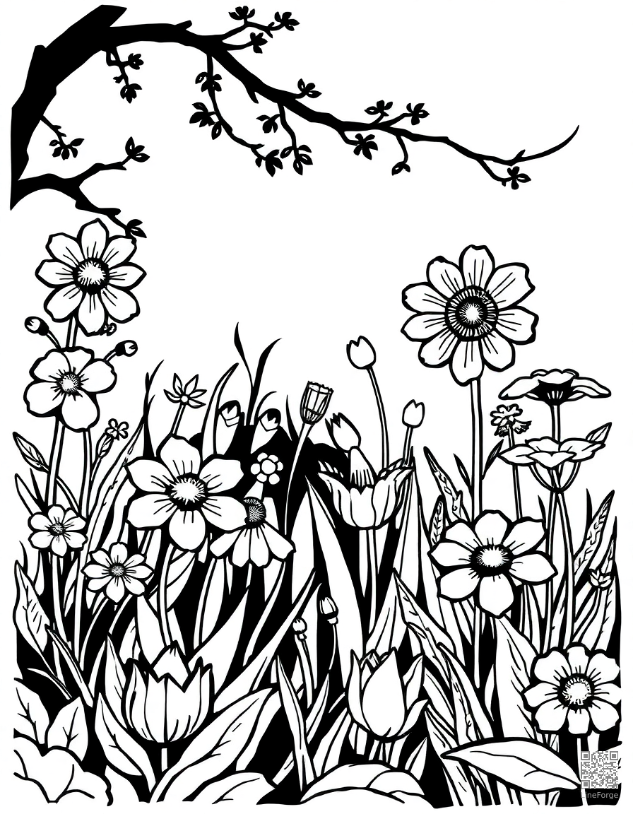 enchanted garden with talking flowers coloring page Woodcut style - free printable