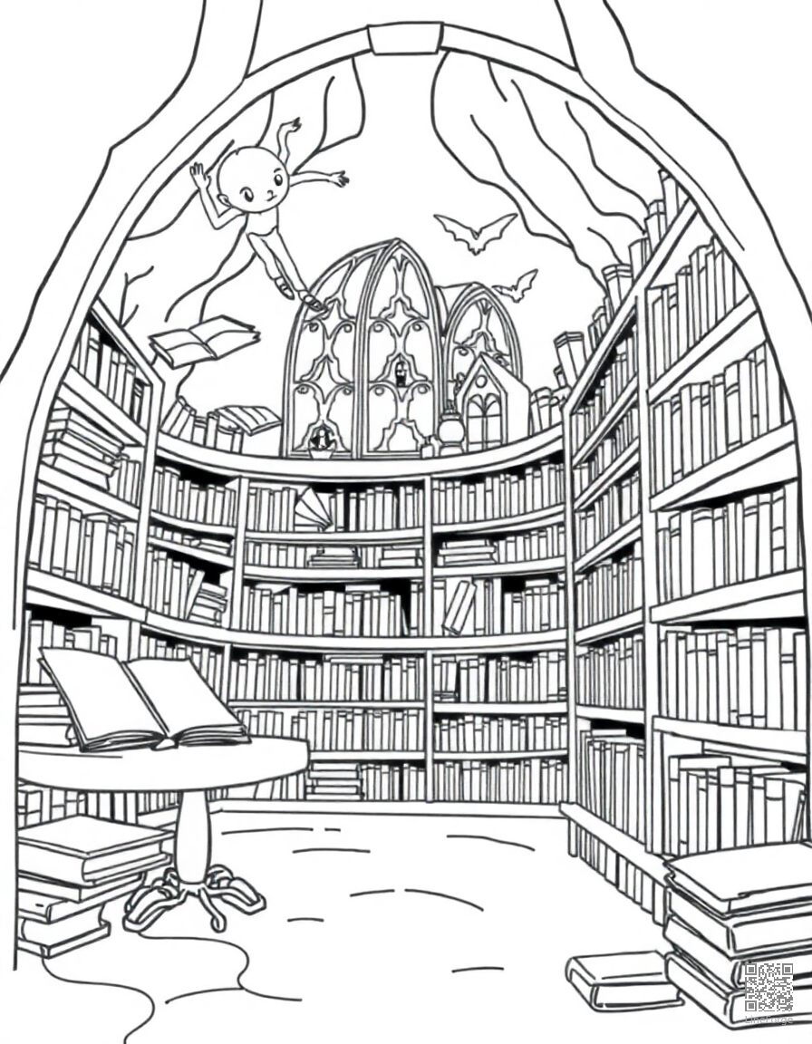 enchanted library with magical floating books coloring page Contour style - free printable