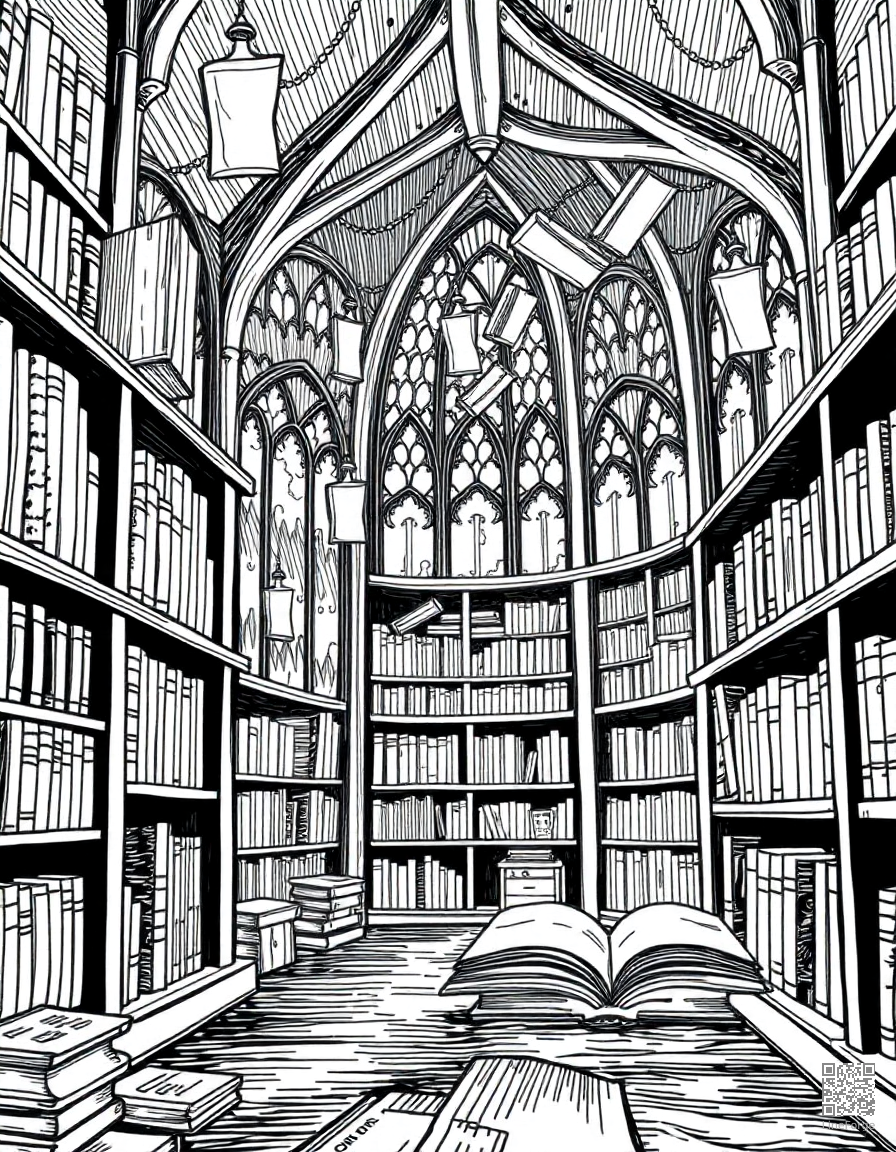 enchanted library with magical floating books coloring page Crosshatch style - free printable