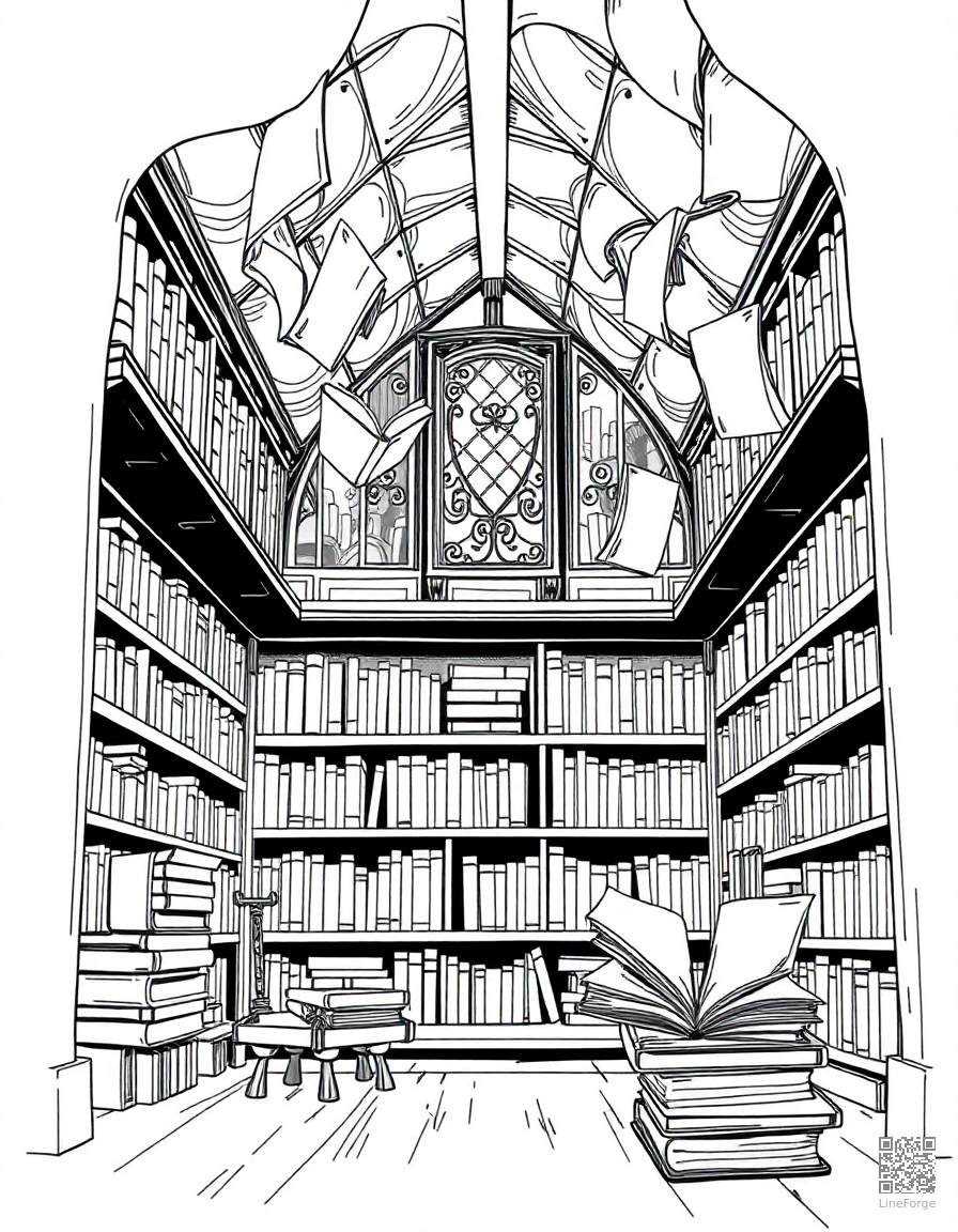 enchanted library with magical floating books coloring page Manga style - free printable