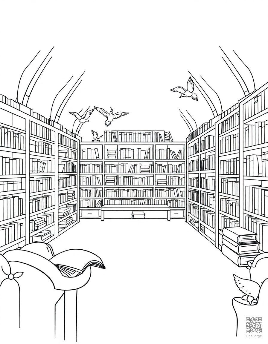 enchanted library with magical floating books coloring page Minimal style - free printable