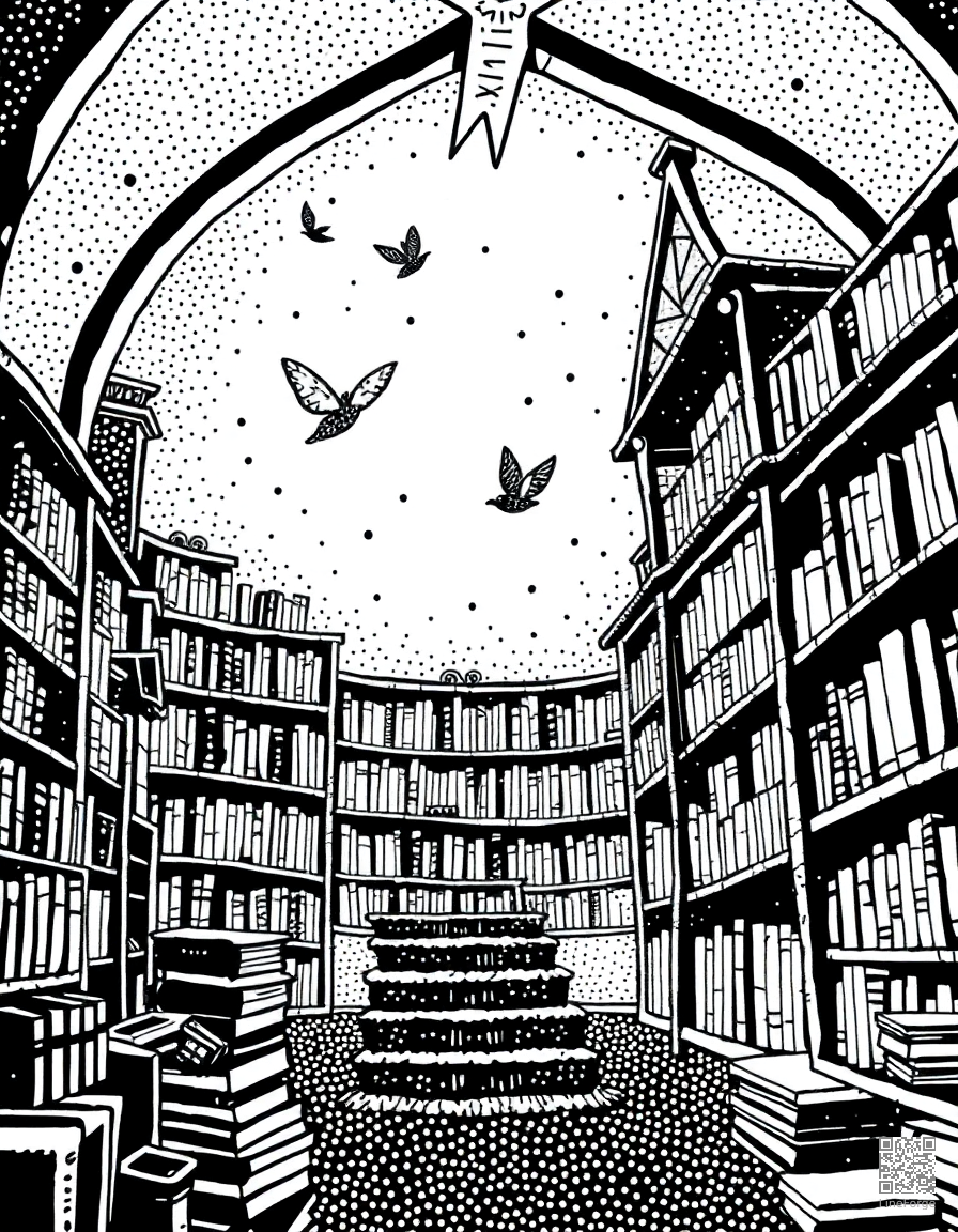 enchanted library with magical floating books coloring page Stipple style - free printable