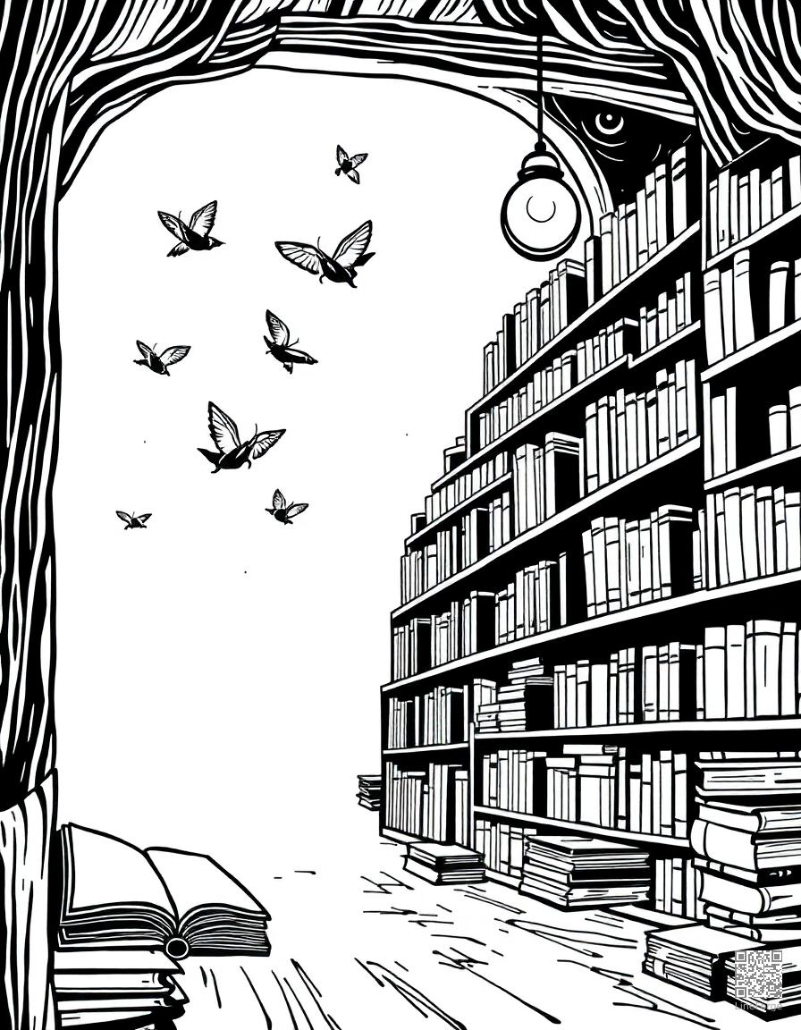 enchanted library with magical floating books coloring page Woodcut style - free printable