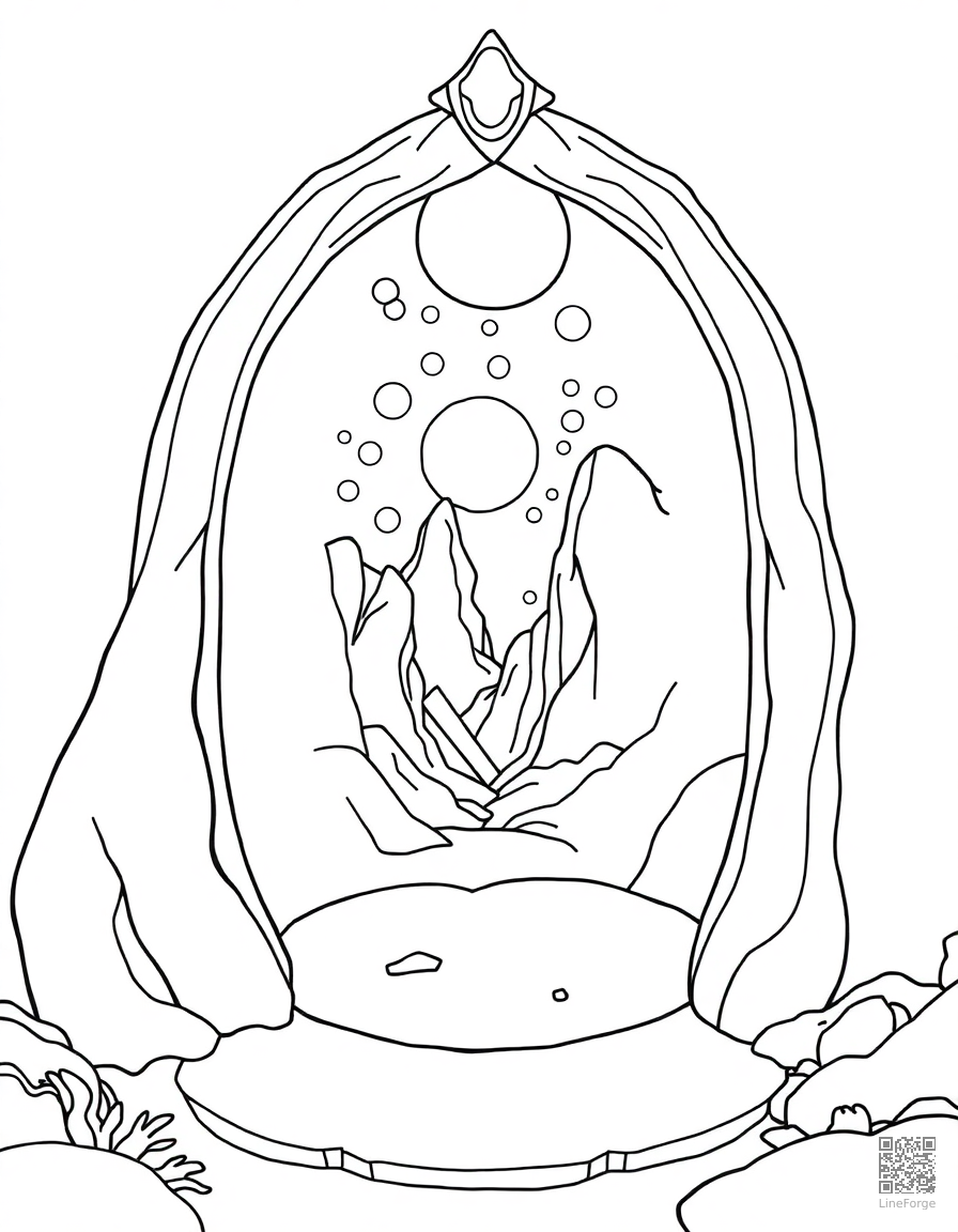 Free enchanted mirror portal to another world coloring page in contour style — printable line art