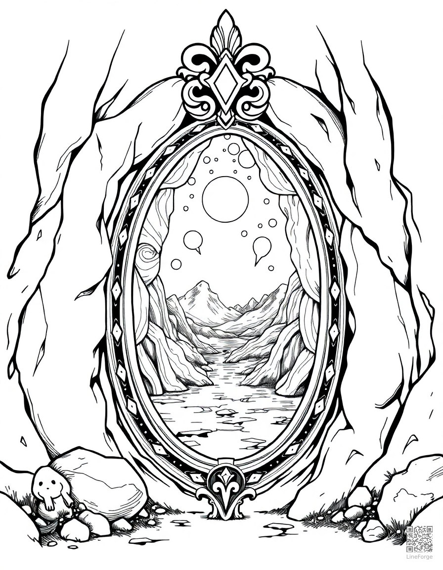 Free enchanted mirror portal to another world coloring page in manga style — printable line art