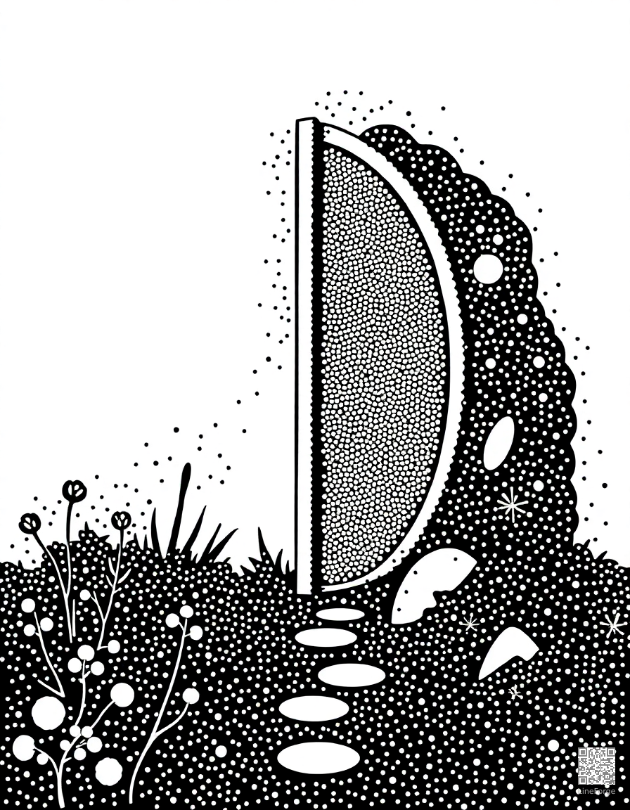 Free enchanted mirror portal to another world coloring page in stipple style — printable line art