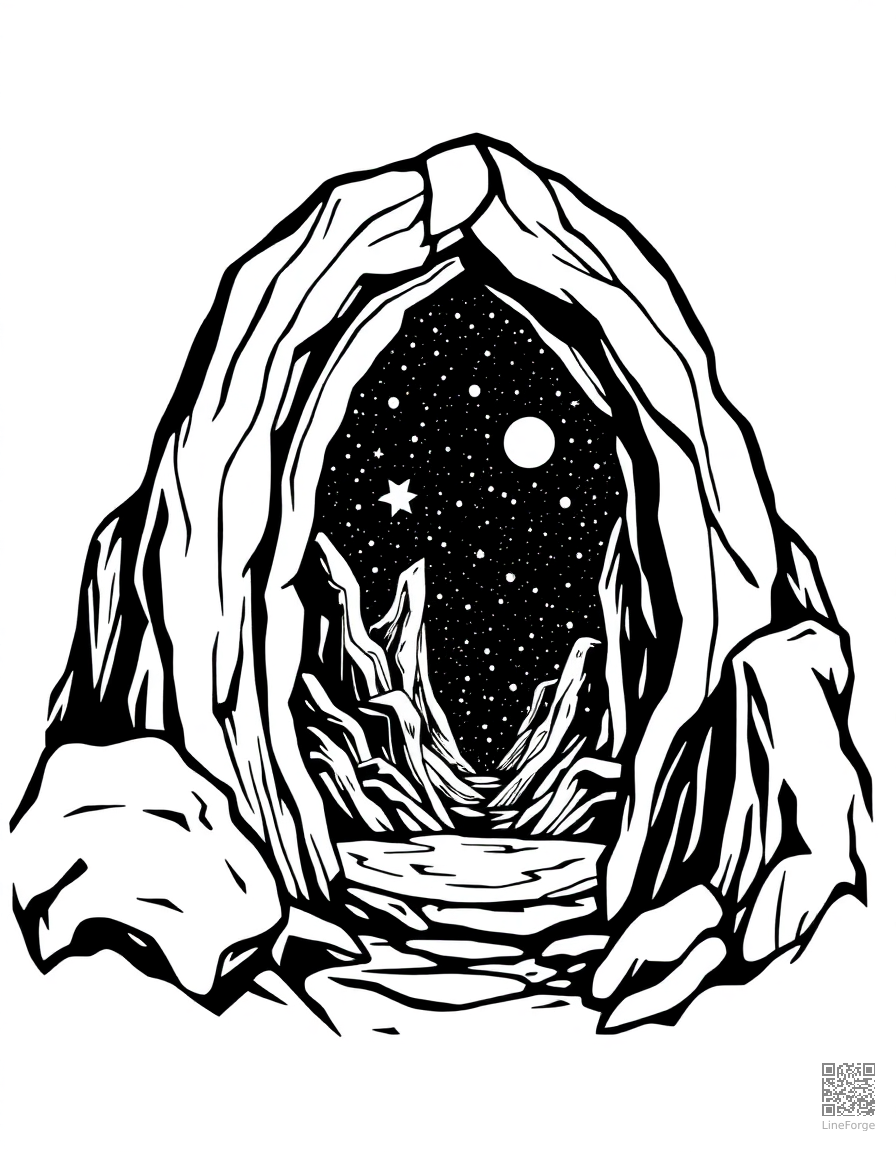enchanted mirror portal to another world coloring page Woodcut style - free printable