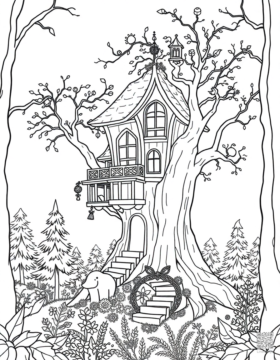 Enchanted treehouse in a magical forest coloring page Contour style - free printable
