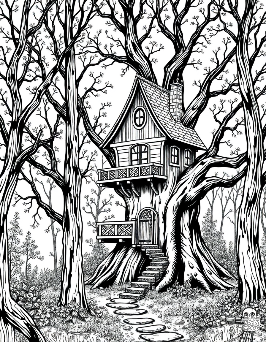Enchanted treehouse in a magical forest coloring page Crosshatch style - free printable