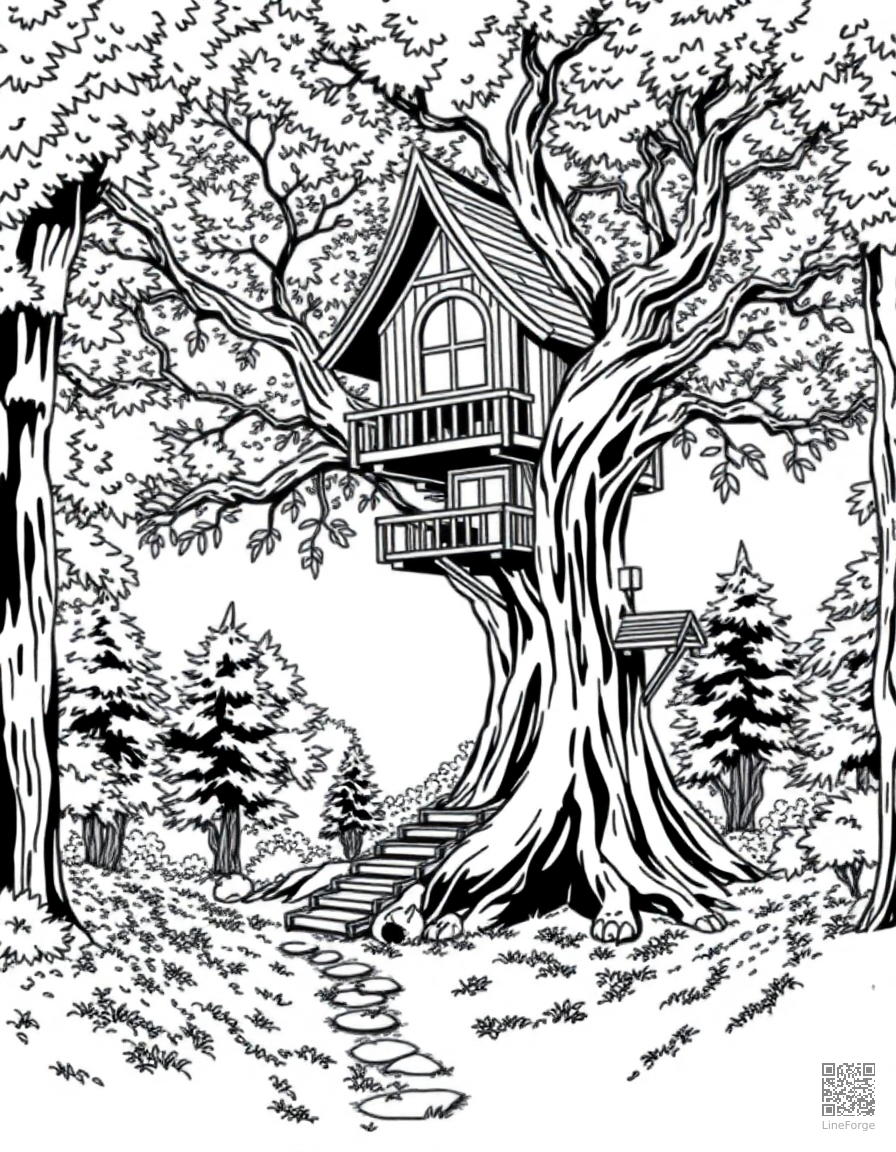 Enchanted treehouse in a magical forest coloring page Manga style - free printable
