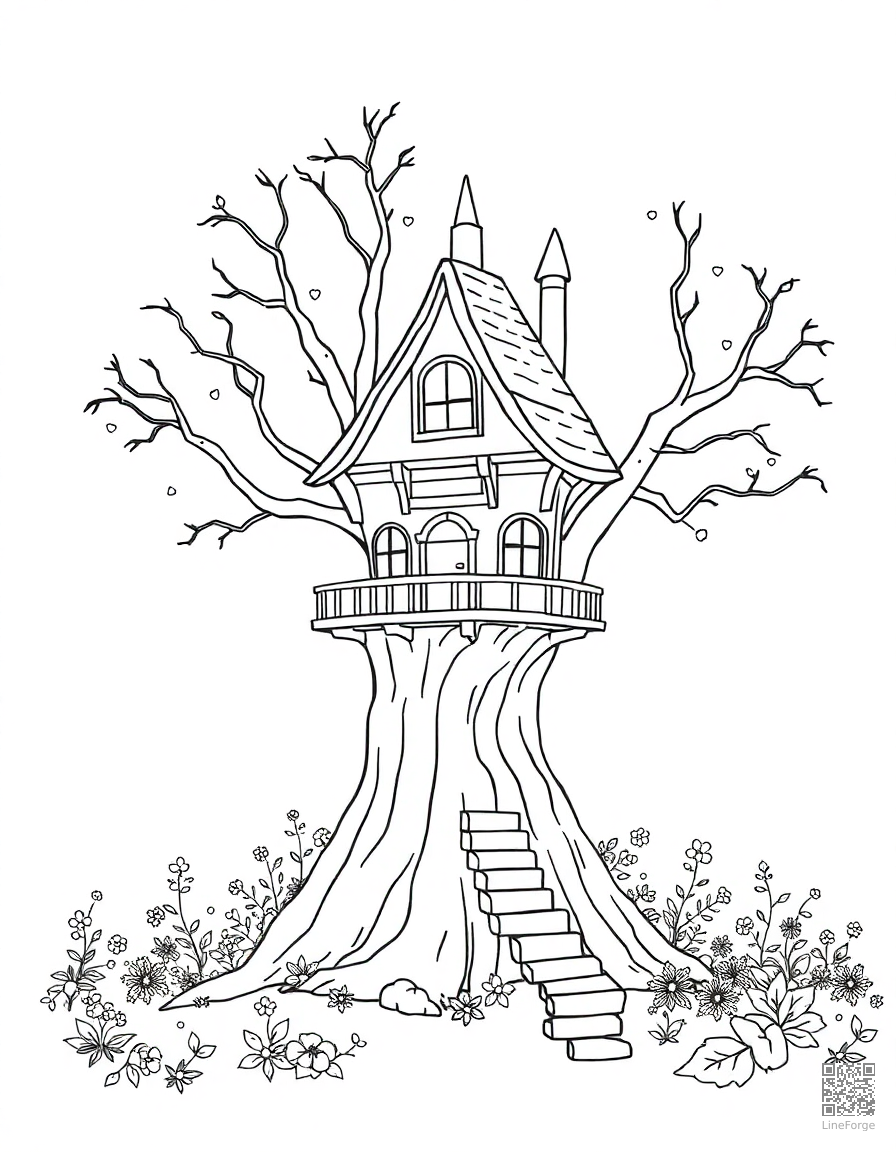 Enchanted treehouse in a magical forest coloring page Minimal style - free printable