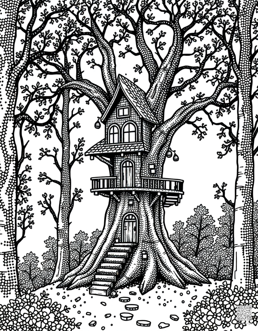 Enchanted treehouse in a magical forest coloring page Stipple style - free printable