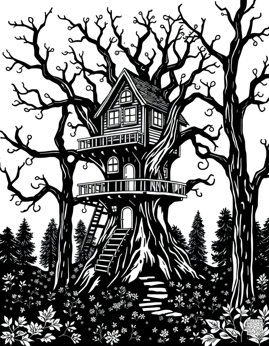 Enchanted treehouse in a magical forest coloring page Woodcut style - free printable