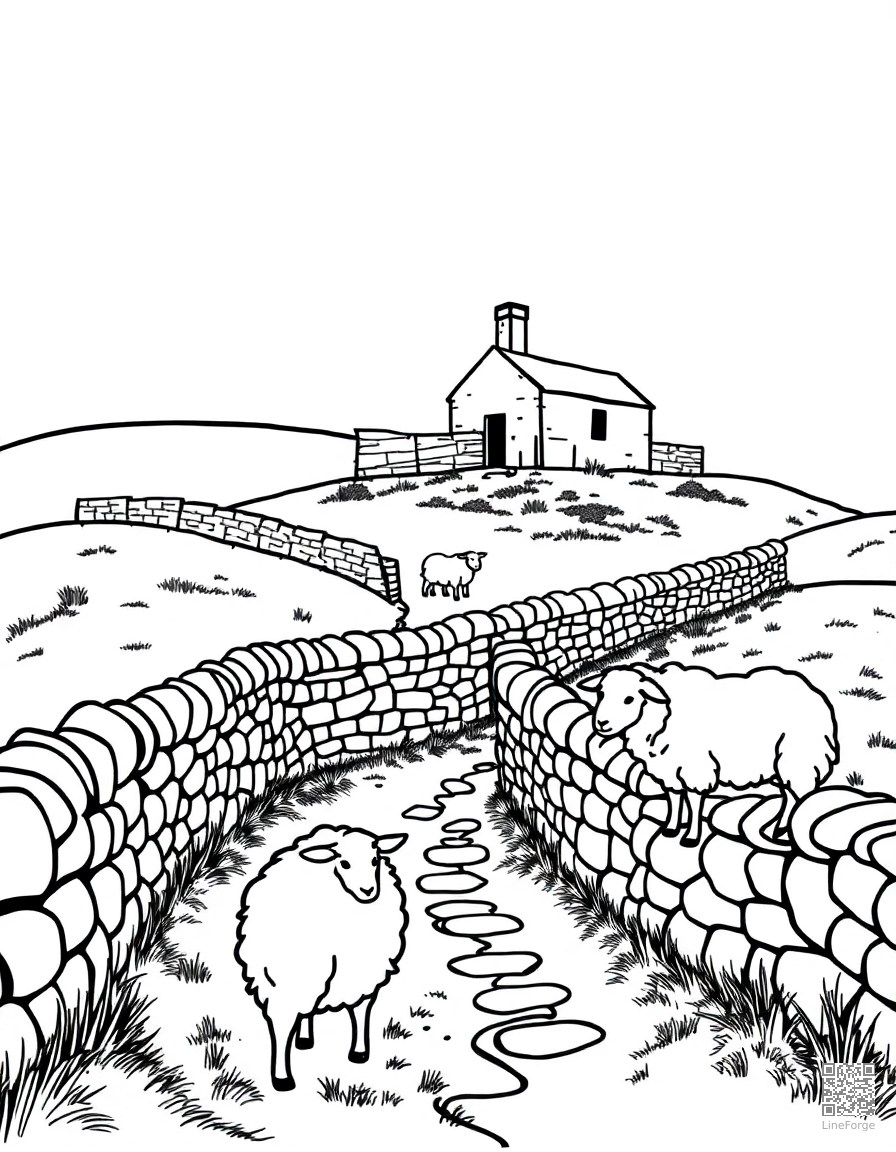 Free english countryside with stone walls and sheep coloring page in contour style — printable line art