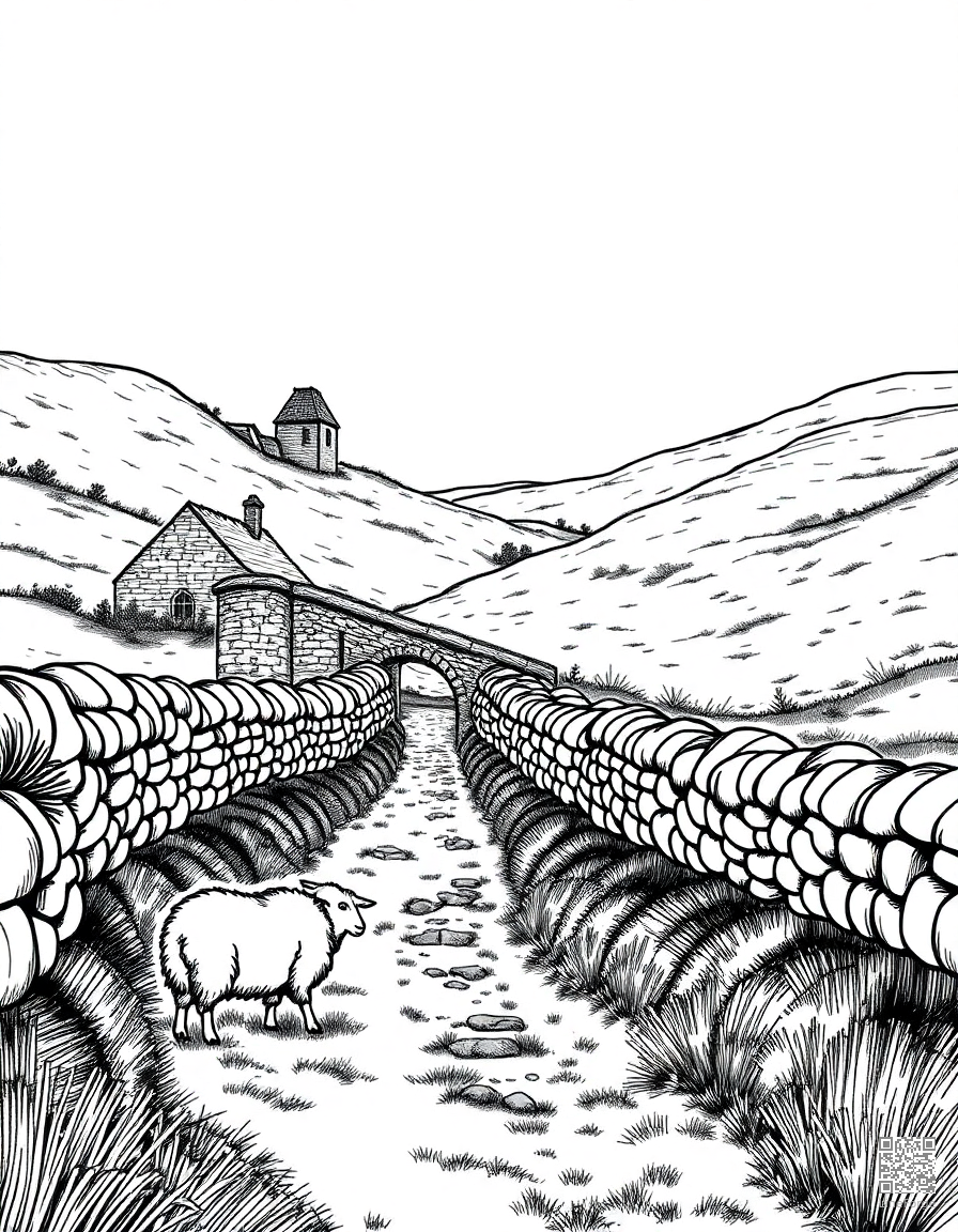 english countryside with stone walls and sheep coloring page Crosshatch style free printable