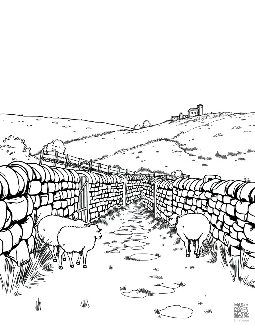 Free english countryside with stone walls and sheep coloring page in manga style — printable line art