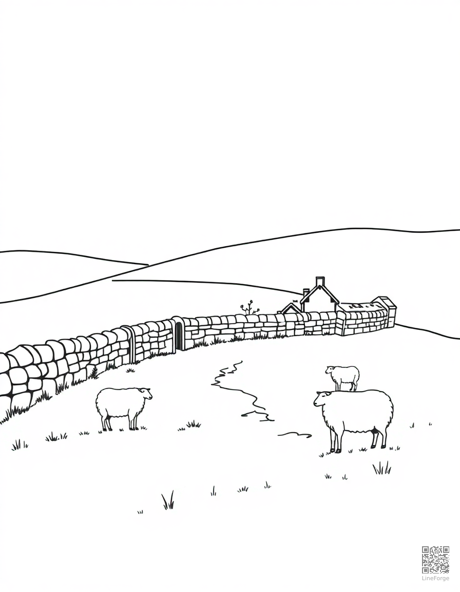 Free english countryside with stone walls and sheep coloring page in minimal style — printable line art